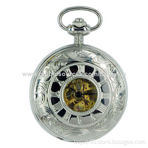Silver Cover Skeleton Unique Automatic Mechanical Pendant Men's Pocket Watch, OEM Orders Welcomed